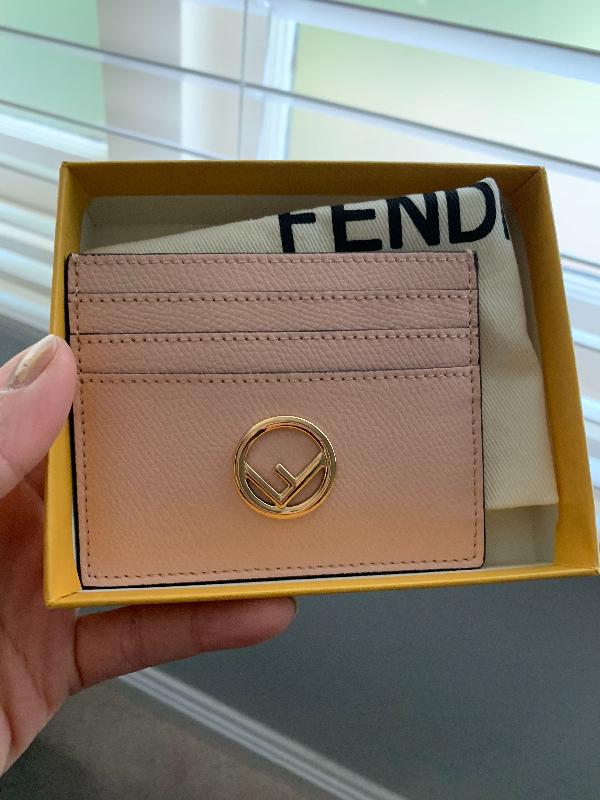 Fendi Gold Logo Plaque Pink Leather Flat Card Holder