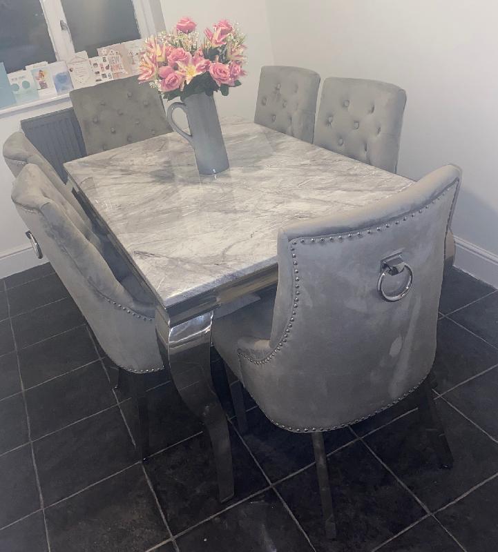 Louis 150cm Grey Marble Dining Table + Knightsbridge Light Grey Knocker Plush Velvet Chairs