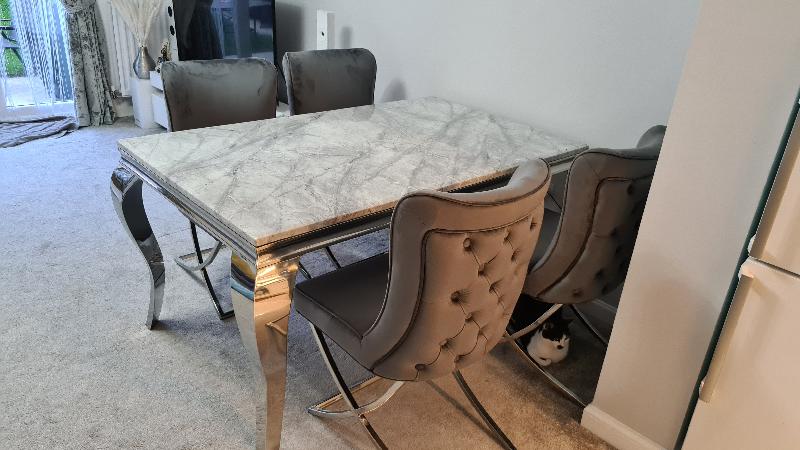 Louis 150cm Grey Marble Dining Table + Knightsbridge Dark Grey Knocker Plush Velvet Chairs