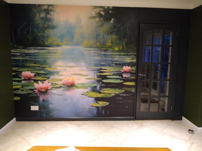 a painting of water lilies in a pond with trees in the background and a sky background with clouds... - 248 x 228cm Deluxe 'Paste the Wall' Mural