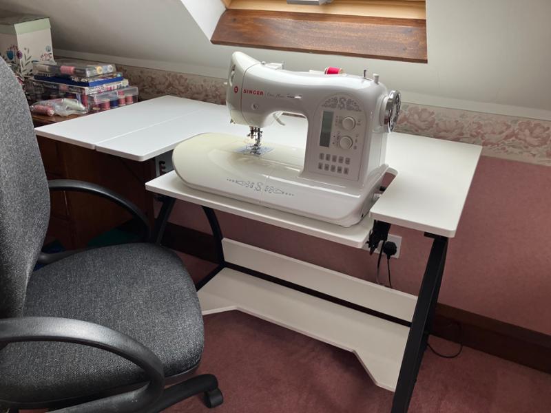 Sewing Online Small Sewing Table, White Top with Black Legs - Sewing Machine Table with Adjustable Platform, Drop Leaf Extension, and Storage Shelf. 