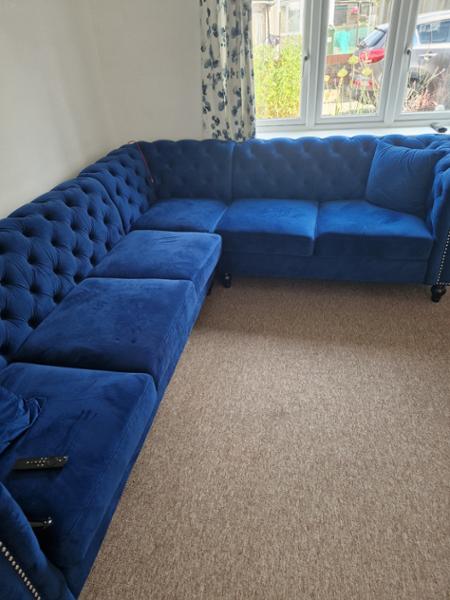 Velvet Blue Camden 3C2 Chesterfield Corner Sofa With Wooden Feet