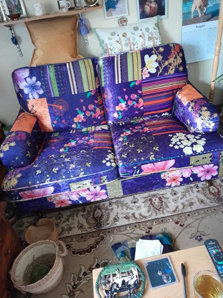 Beautiful patchwork purple sofa from Lovesofas