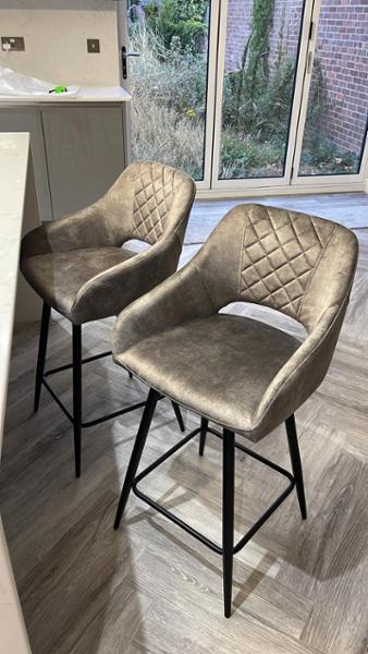 Set of 2 Grey Velvet Bar Stools, Counter Height