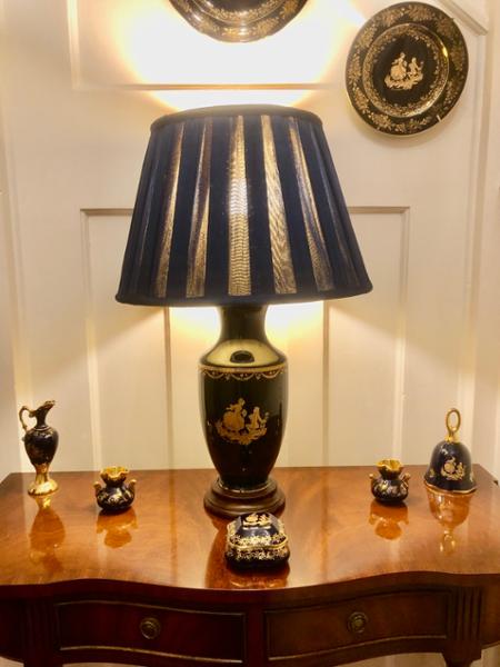 Navy blue and gold pleated lampshade