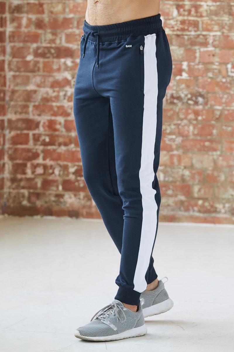 navy blue joggers with white stripe
